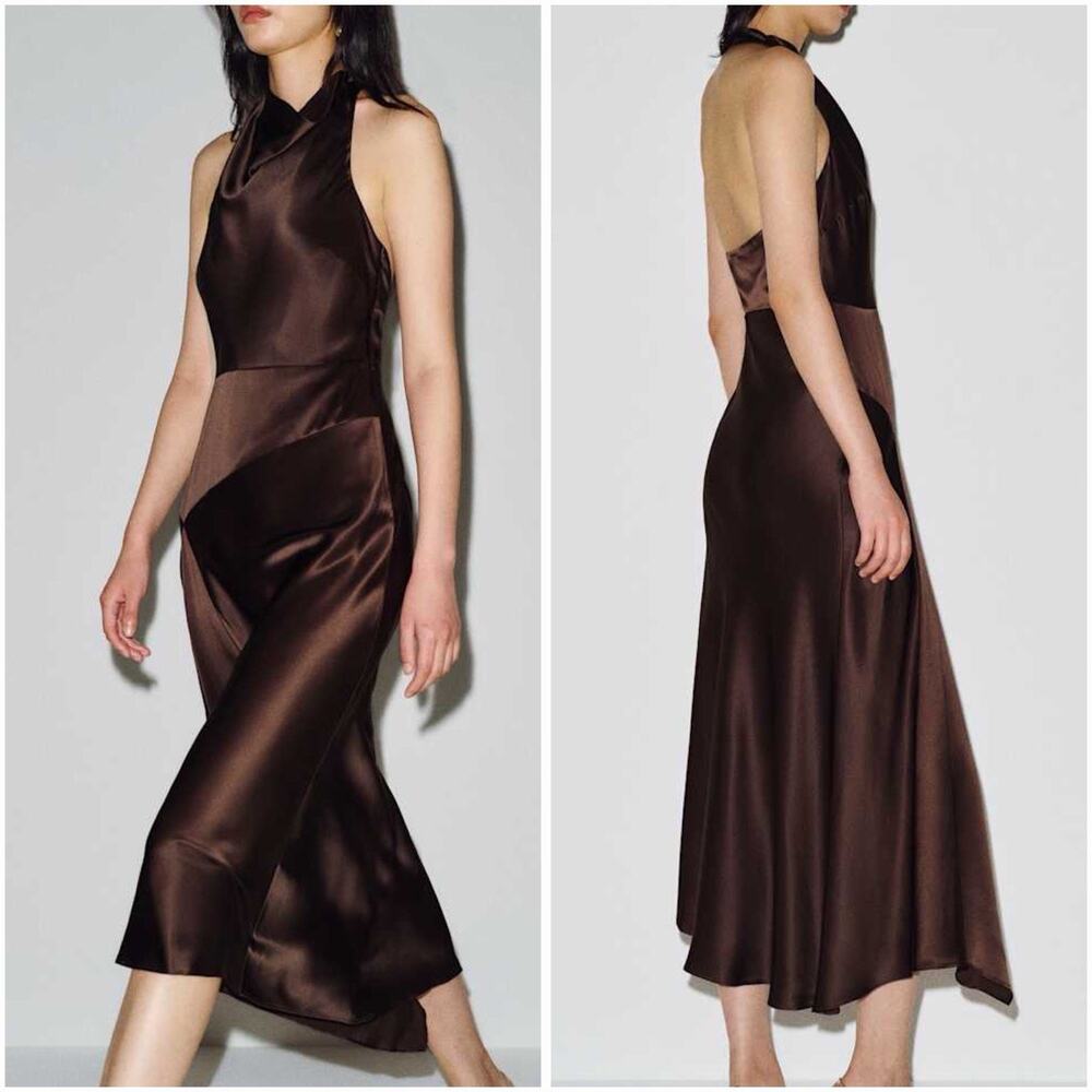 NWT Reformation Emna 100% Silk Halter Midi Dress Chocolate Brown sz 0